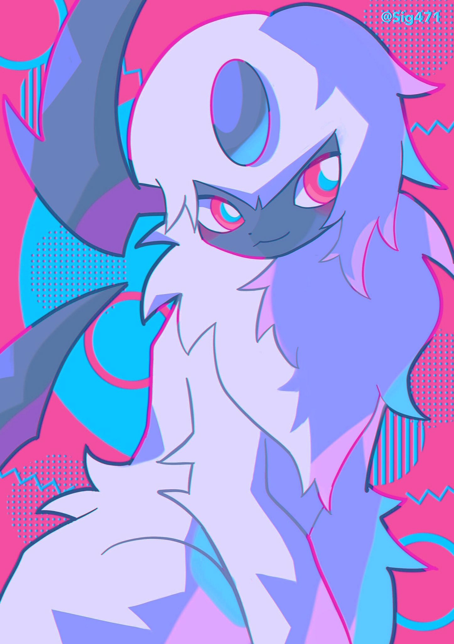:3 absol animal_focus artist_name blush chromatic_aberration closed_mouth commentary english_commentary fluffy happy highres looking_to_the_side no_humans pink_background pokemon pokemon_(creature) red_eyes short_hair sidelocks signo sitting smile solo twitter_username two-tone_background watermark