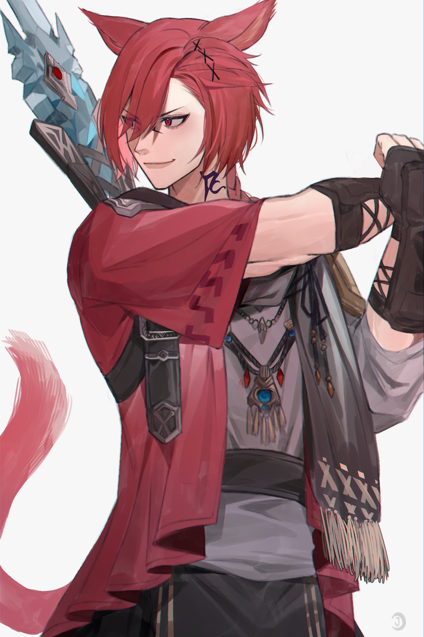 &gt;:) 1boy animal_ears bangs black_scarf braid braided_ponytail brown_gloves cat_boy cat_ears cat_tail commentary cowboy_shot elbow_gloves facial_mark final_fantasy final_fantasy_xiv fingerless_gloves fringe_trim g'raha_tia gloves grey_shirt hair_ornament hands_up highres j.moon jacket jewelry looking_to_the_side male_focus miqo'te neck_tattoo pendant red_eyes red_jacket redhead scarf shirt short_hair shoulder_belt simple_background single_braid smile solo staff standing swept_bangs symbol-only_commentary tail tattoo v-shaped_eyebrows weapon weapon_on_back white_background x_hair_ornament
