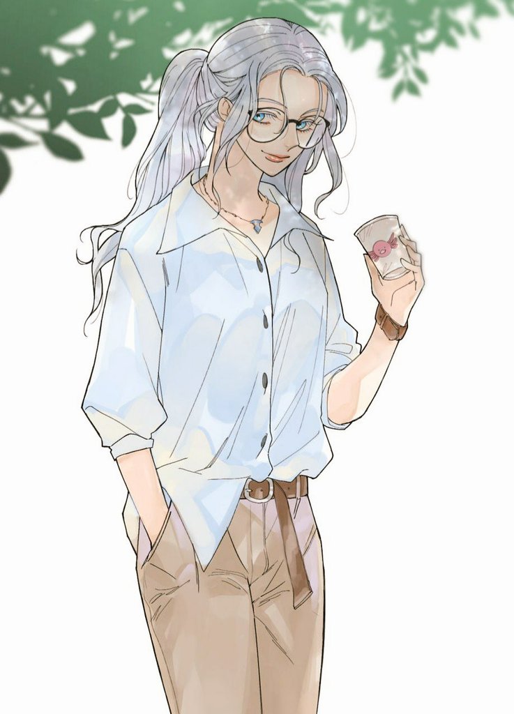 1girl alternate_costume alternate_hairstyle axolotl_print belt belt_buckle blue_eyes brown_pants buckle buttons commentary contemporary cowboy_shot cup dappled_sunlight disposable_cup ff14_dr_corpse final_fantasy final_fantasy_xiv glasses grey_hair hand_in_pocket hand_up holding holding_cup jewelry leaf leather_belt long_hair looking_back necklace pants ponytail round_eyewear shirt simple_background smile solo standing sunlight symbol-only_commentary venat_(ff14) wavy_hair white_background white_shirt wristband