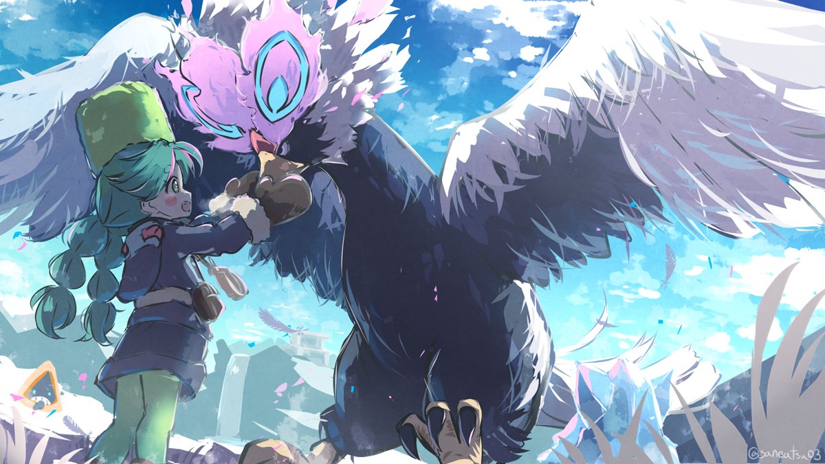 1girl 3others alabaster_icelands bergmite bird blue_sky blush blush_stickers canteen clouds diamond_clan_outfit feathered_wings feathers flying fur-trimmed_gloves fur_hat fur_trim gloves green_eyes green_hair green_headwear green_leggings hands_on_another's_face hat hisuian_braviary leggings mittens mountain mountainous_horizon multiple_others niwasane_(saneatsu03) pokemon pokemon_(creature) pokemon_(game) pokemon_legends:_arceus sabi_(pokemon) sky snorunt snow spread_wings talons temple twintails twitter_username water waterfall wings