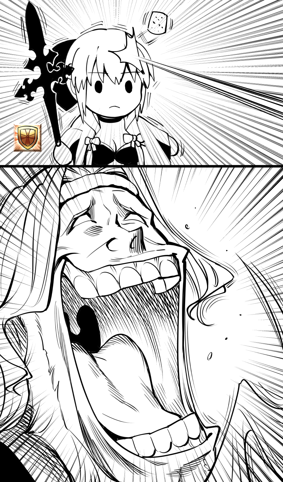 1boy beard christopher_columbus_(fate) cork facial_hair fate/grand_order fate_(series) gameplay_mechanics highres hirunagi laughing lower_teeth monochrome tagme teeth tongue upper_teeth uvula