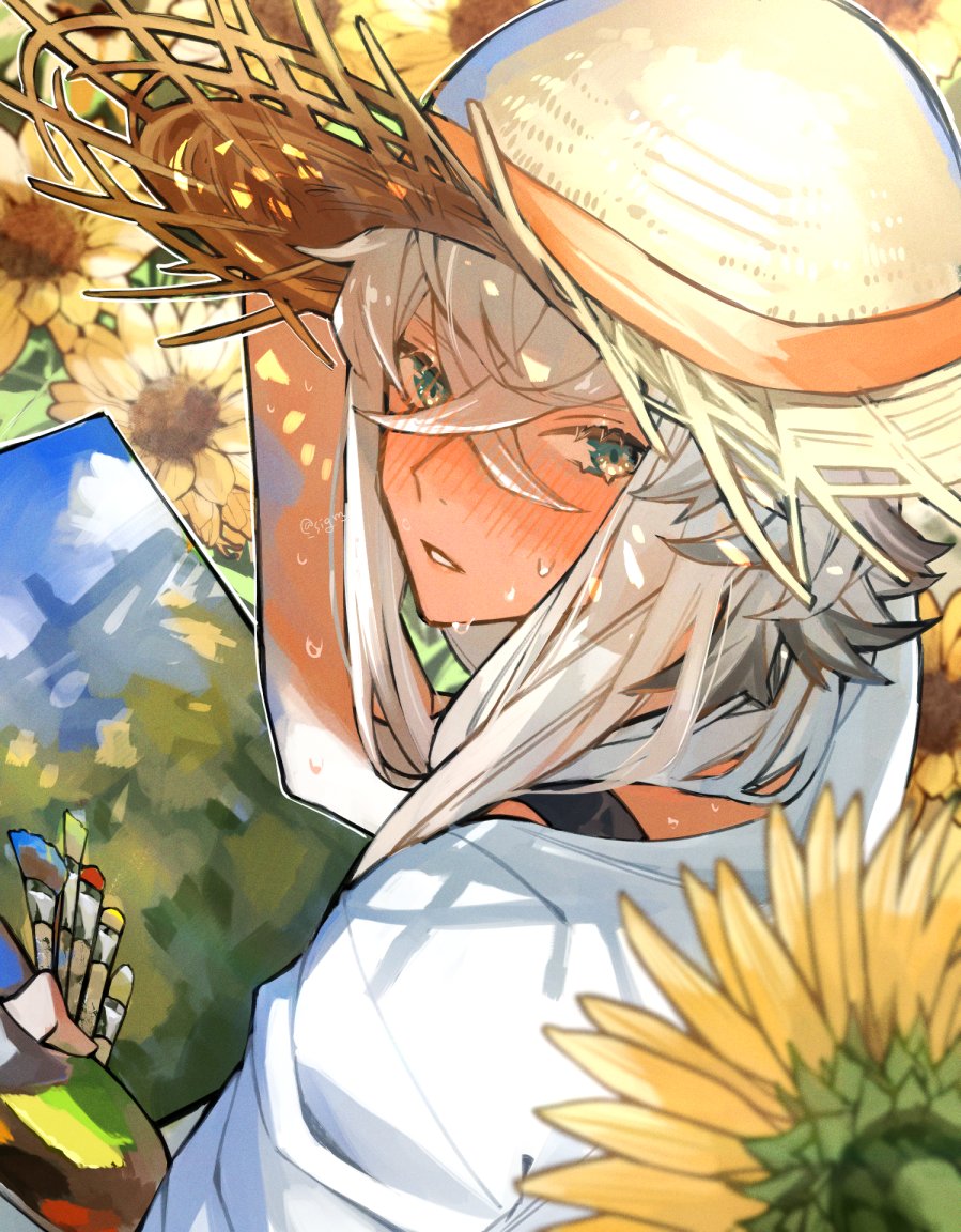 1boy asclepius_(fate) contemporary fate/grand_order fate_(series) flower green_eyes hat hot looking_back male_focus paintbrush painting_(object) palette_(object) sigm straw_hat sunflower sweat white_hair