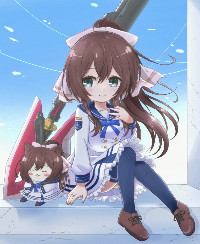 2girls :3 animal_ears aqua_eyes arm_at_side assault_lily bangs blue_ribbon blue_sailor_collar blue_skirt blue_thighhighs blush bow brown_bow brown_footwear brown_hair buttons cat_ears cat_girl chiikawa closed_eyes closed_mouth commentary_request dual_persona floating_hair frilled_skirt frills full_body hair_between_eyes hair_bow hand_on_own_chest hand_up high_ponytail inoguchi_minto jewelry knees_together_feet_apart knees_up light_particles long_hair long_sleeves looking_at_viewer minigirl miniskirt multiple_girls neck_ribbon official_alternate_costume outdoors planted planted_spear polearm ponytail ribbon ring sailor_collar sailor_shirt serizawa_chikaru shirt shoes sidelocks sitting sitting_in_window skirt smile spear striped striped_skirt thigh-highs wavy_hair weapon white_shirt white_skirt windowsill