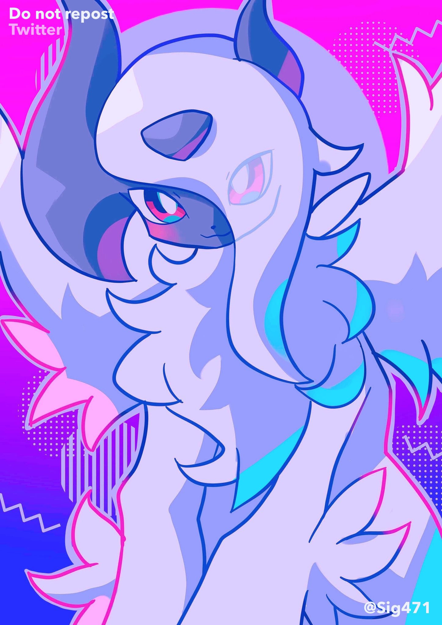 :3 absol animal_focus artist_name asymmetrical_hair blush closed_mouth commentary english_commentary english_text eyes_visible_through_hair feathered_wings gradient gradient_background hair_over_one_eye happy highres long_hair looking_at_viewer mega_absol mega_pokemon no_humans pokemon pokemon_(creature) purple_background red_eyes signo sitting smile solo twitter_username watermark white_wings wings