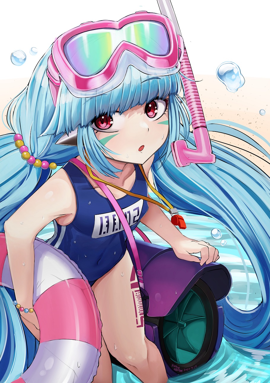 android b.d bangs barcode blue_hair facial_tattoo flat_chest guardian_tales highres innertube little_android_aa72 long_hair looking_at_viewer one-piece_swimsuit open_mouth pink_eyes school_swimsuit sleeveless solo striped_innertube swimsuit tattoo twintails water