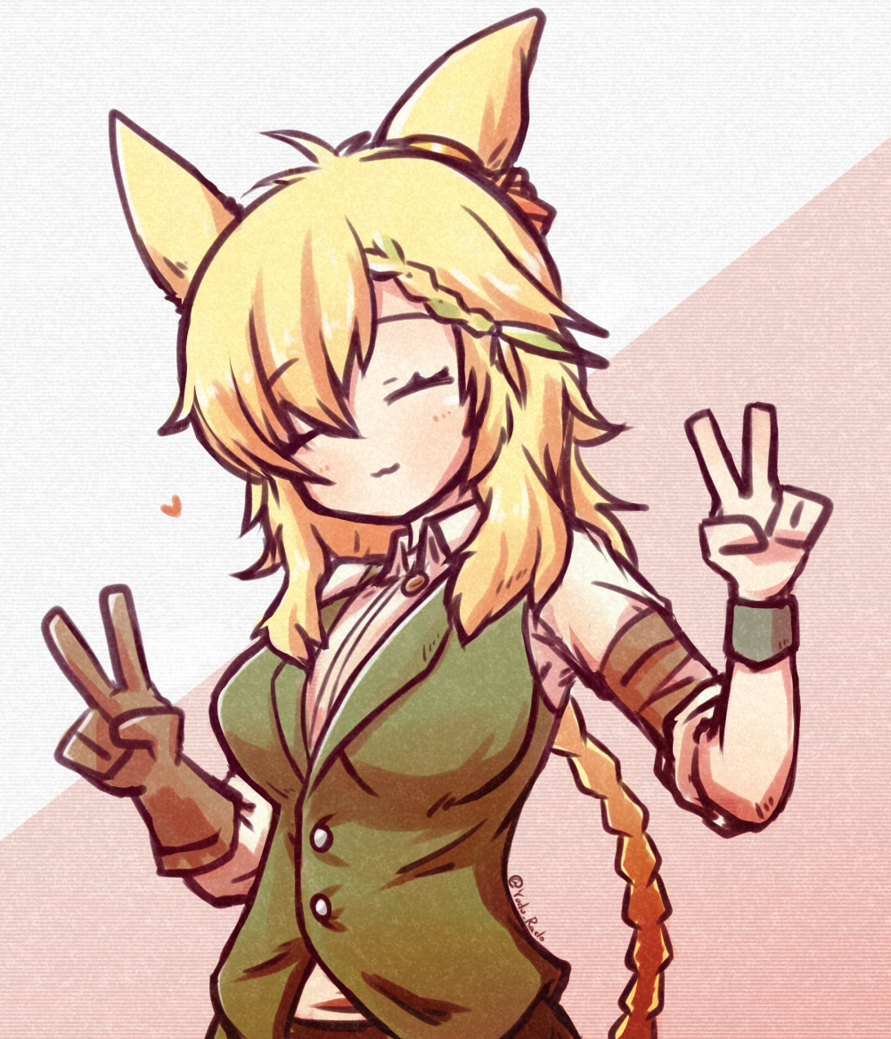 1girl :3 animal_ears antenna_hair arknights black_gloves blonde_hair braid braided_ponytail breasts closed_eyes collared_shirt double_v gloves green_vest hands_up heart kroos_(arknights) kroos_the_keen_glint_(arknights) long_hair looking_at_viewer medium_breasts multicolored_hair official_alternate_costume rabbit_ears rabbit_girl shirt simple_background single_glove solo streaked_hair twitter_username upper_body v very_long_hair vest white_background white_shirt yodo_rado