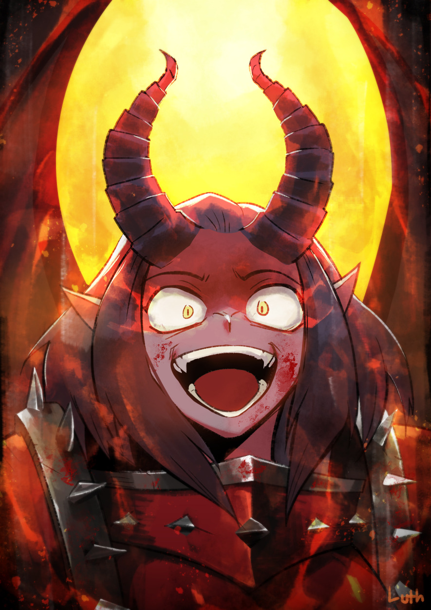 1girl blood blood_on_face crossover demon_girl demon_horns highres higurashi_no_naku_koro_ni horns laughing lutherniel open_mouth solo valkia_the_bloody warhammer_fantasy yandere