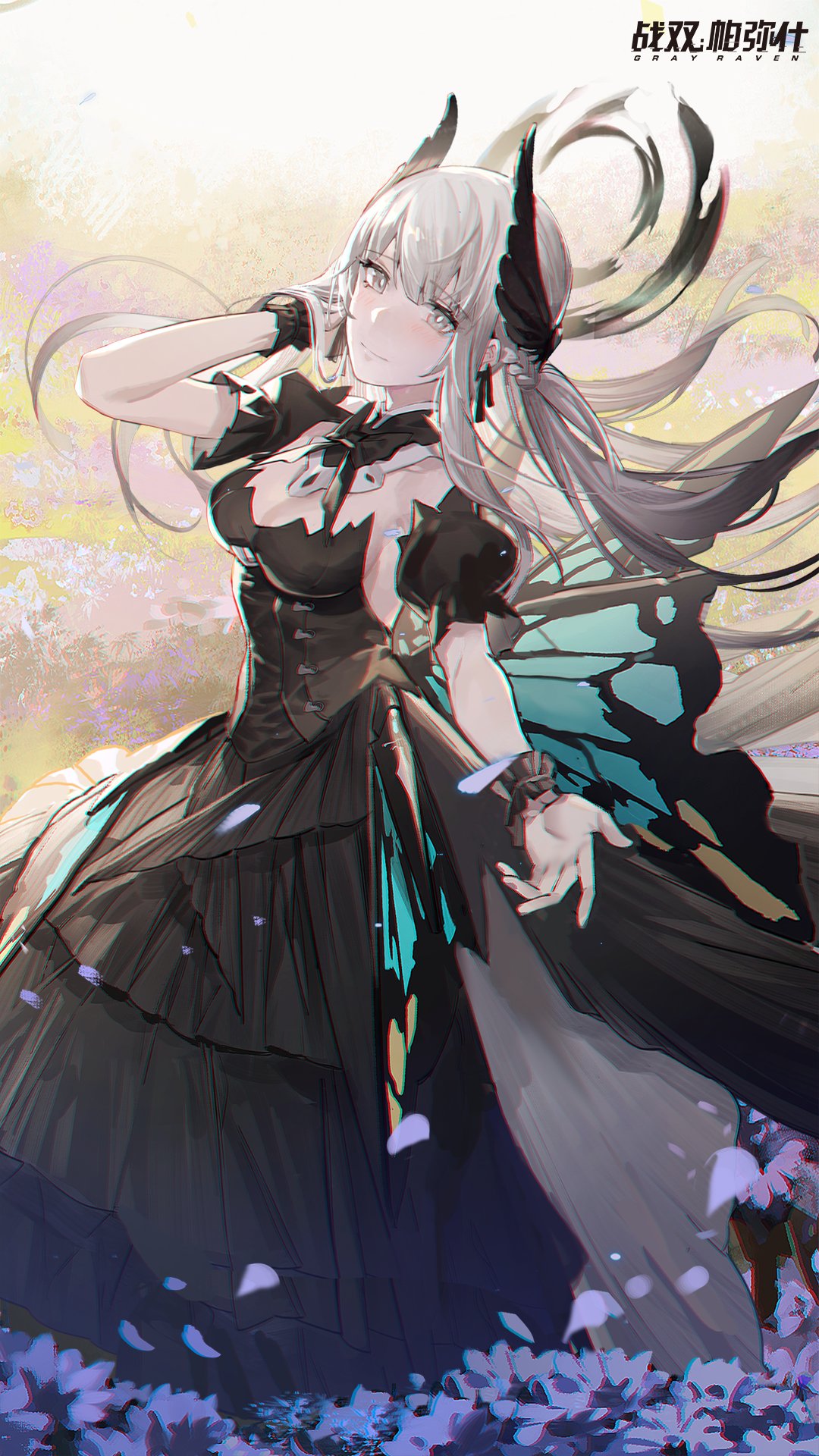 artist_request bad_link black_dress braid butterfly_wings dress flower gown grey_eyes hair_ornament highres liv_(punishing:_gray_raven) long_hair looking_at_viewer official_art petals punishing:_gray_raven reaching_out sleeve_cuffs smile solo white_hair wings wrist_cuffs