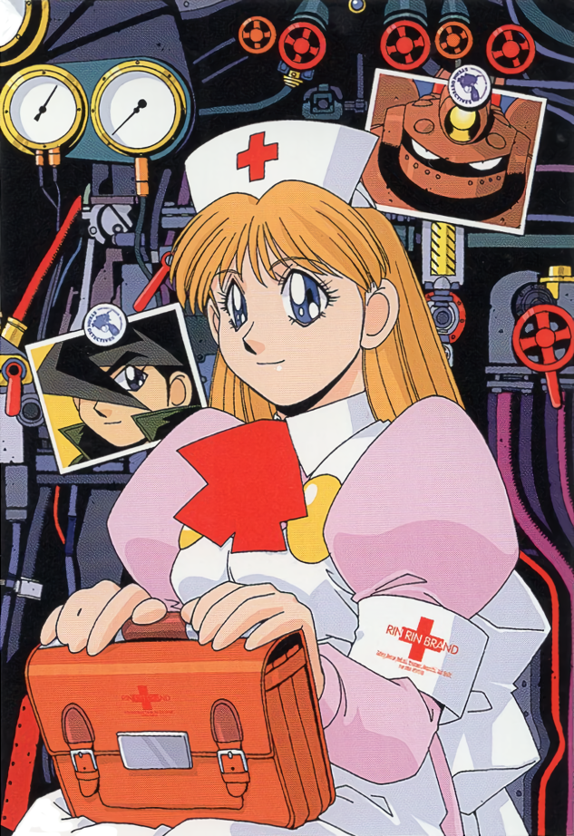 1boy 1girl armband bangs blue_eyes briefcase cable gauge hat holding holding_briefcase industrial_pipe juliet_sleeves ling_ling long_hair long_sleeves non-web_source nurse nurse_cap official_art on_lap orange_hair puffy_sleeves sitting smile solo_focus steam_detectives