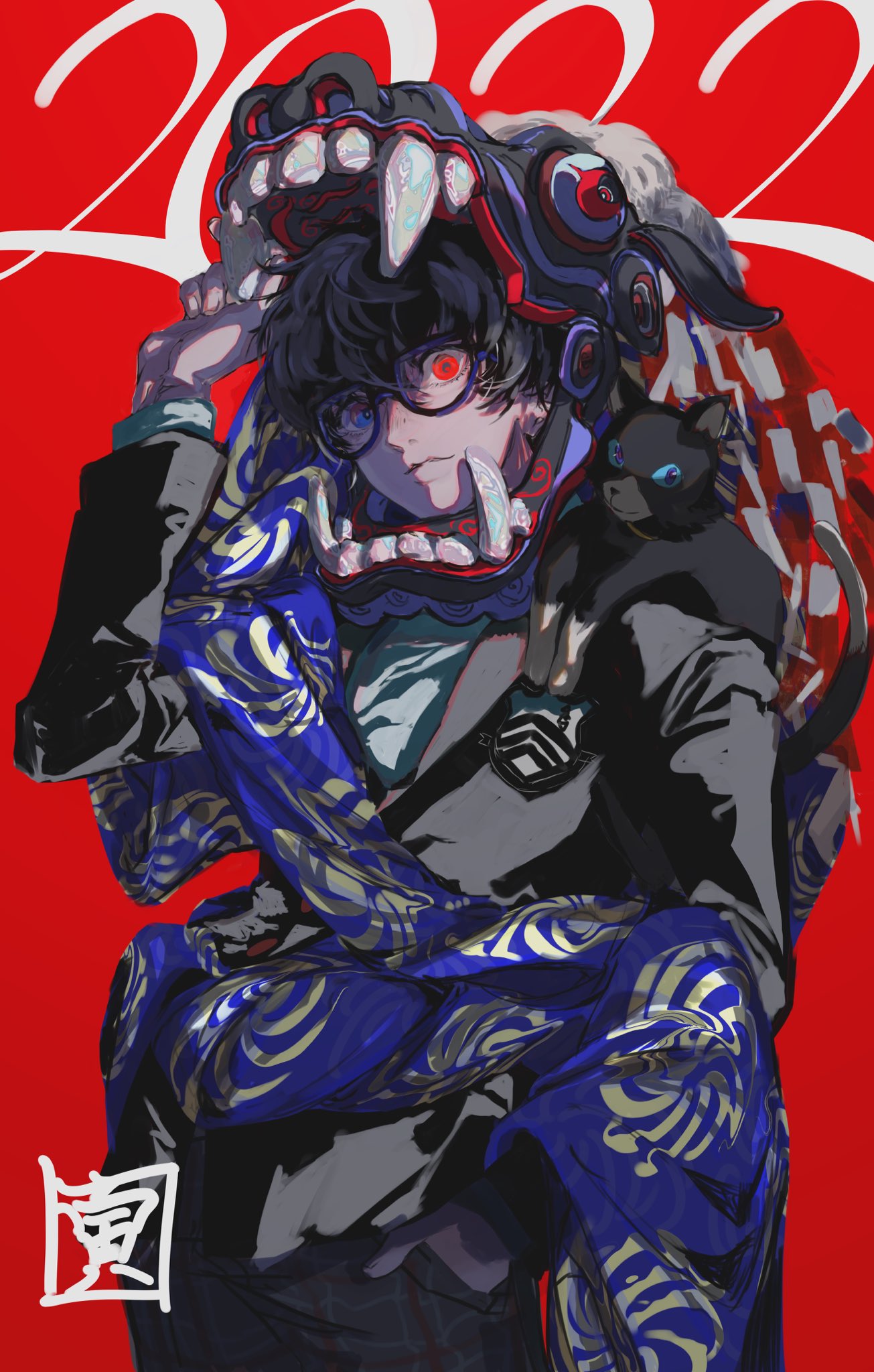 1boy 2022 amamiya_ren animal animal_on_shoulder bangs black_cat black_hair black_jacket blue_eyes cat cat_on_shoulder closed_mouth hair_between_eyes hand_in_pocket heterochromia highres hnzwakira jacket lion_dance long_sleeves looking_at_viewer male_focus morgana_(persona_5) pants persona persona_5 plaid plaid_pants red_background red_eyes shishimai shuujin_academy_uniform simple_background