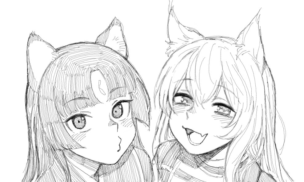2girls animal_ears arknights ceobe_(arknights) dog_ears facial_mark fang forehead_mark greyscale haioku_colonel hair_between_eyes half-closed_eyes long_hair monochrome multiple_girls o3o open_mouth portrait saga_(arknights) simple_background sketch skin_fang white_background