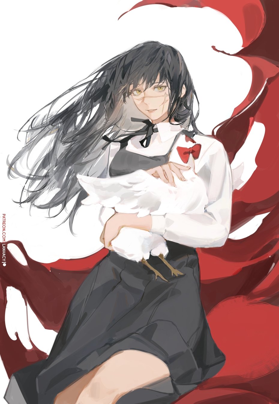 1girl animal artist_name bird black_hair black_ribbon bow chainsaw_man chicken fingernails headless highres holding holding_animal lanhacy long_hair looking_at_viewer mitaka_asa parted_lips petting red_bow ribbon ringed_eyes scar scar_on_cheek scar_on_face scar_on_nose smile teeth war_devil_(chainsaw_man) yellow_eyes