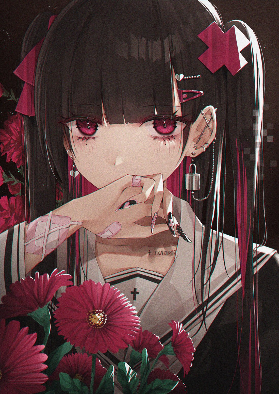 1girl bandaid bandaid_on_arm bandaid_on_hand bangs barbell_piercing black_background blunt_bangs blush flower hair_ornament hairclip hand_to_own_mouth highres kanju lock looking_at_viewer nail_polish original piercing portrait red_flower roman_numeral school_uniform solo tattoo twintails