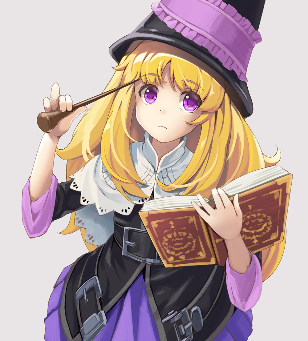 1girl bangs black_headwear black_jacket blonde_hair book capelet closed_mouth commentary_request frilled_skirt frills grey_background grimgrimoire hands_up hat holding holding_book holding_wand jacket lillet_blan long_hair long_sleeves looking_at_viewer open_book purple_skirt simple_background skirt solo very_long_hair violet_eyes wand wapokichi white_capelet wide_sleeves