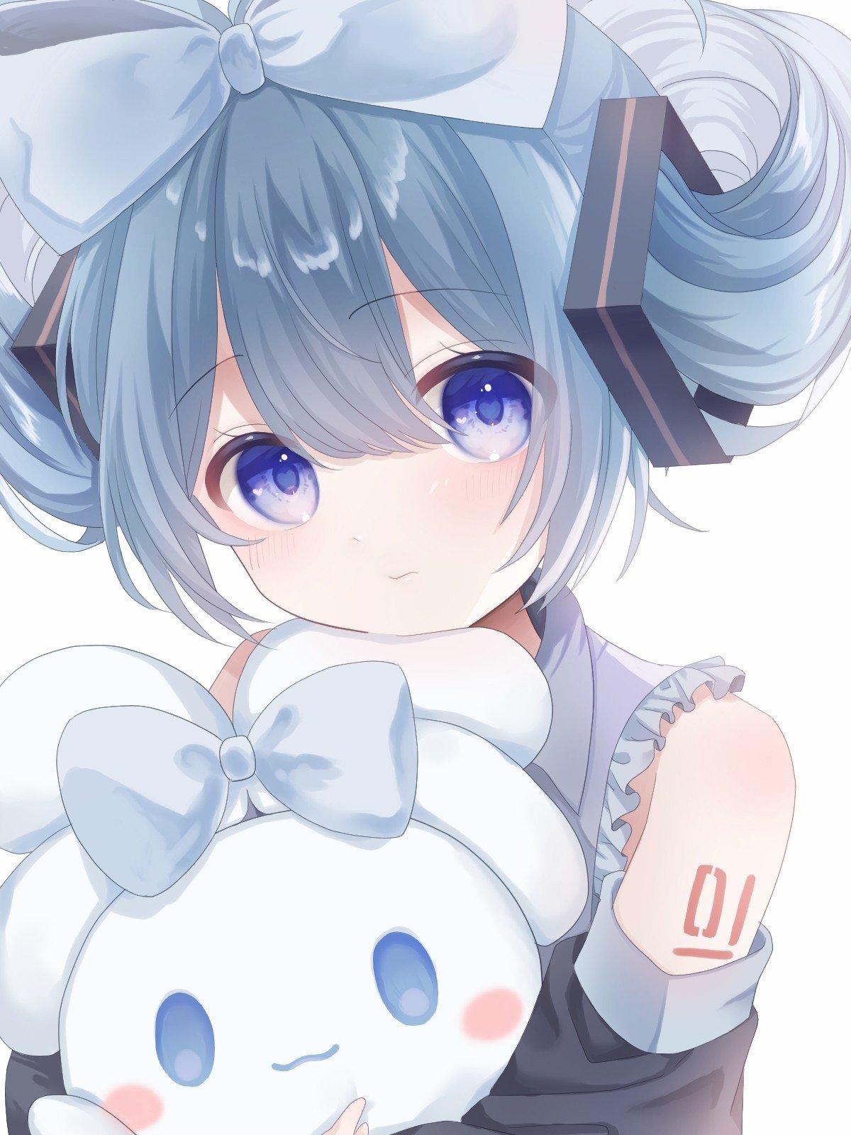 1girl bangs bare_shoulders blue_bow blue_eyes blue_hair blush blush_stickers bow cameo character_doll cinnamiku cinnamoroll closed_mouth collared_shirt detached_sleeves ear_bow frills grey_shirt hair_bow hatsune_miku highres looking_at_viewer number_tattoo pout powapowa1559 sanrio shirt shoulder_tattoo simple_background solo stuffed_toy tattoo tied_ears updo upper_body white_background