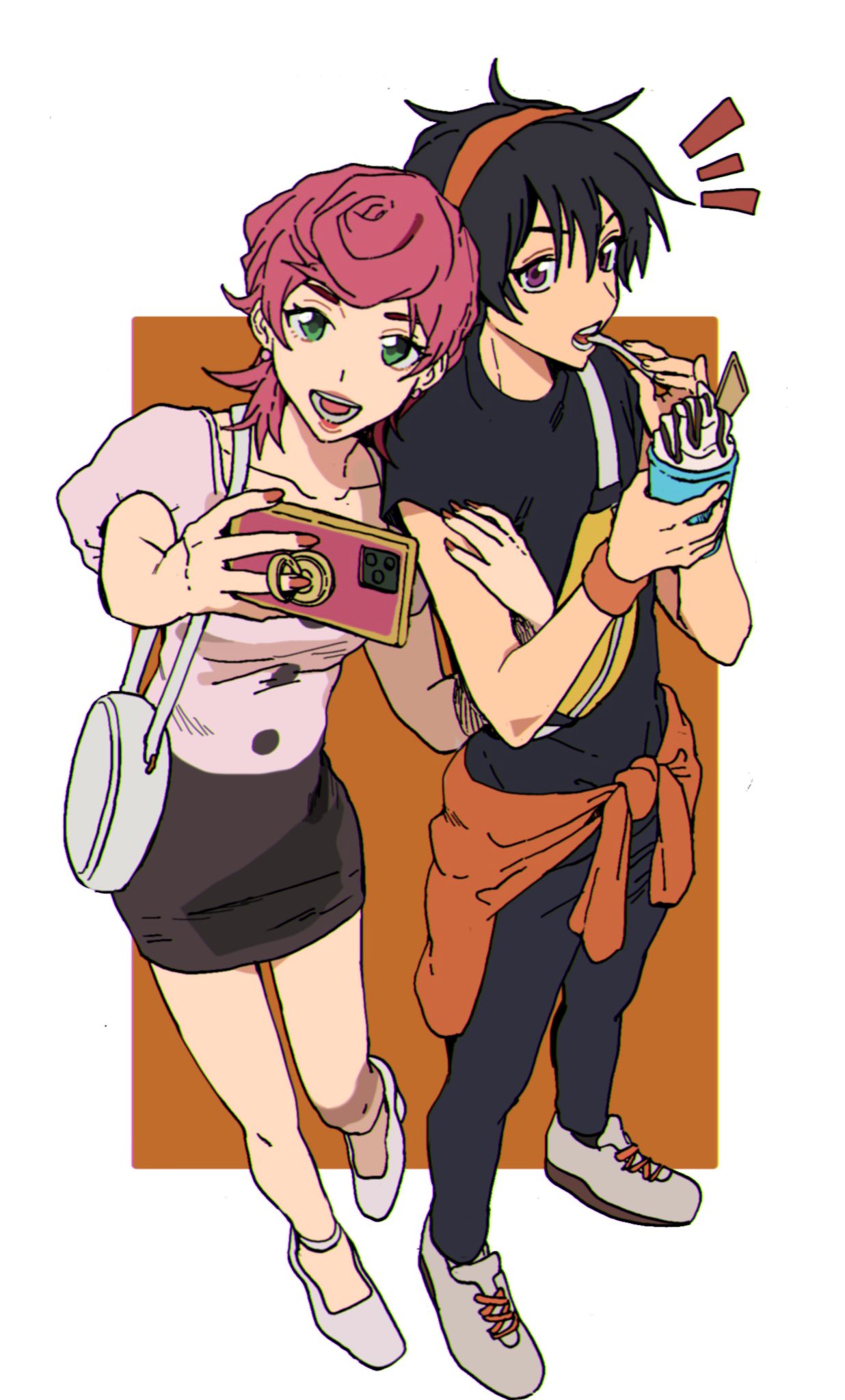 1boy 1girl :d bag bangs black_hair caro_bambino cellphone clothes_around_waist fanny_pack food from_above green_eyes headband highres holding holding_food holding_phone holding_spoon ice_cream jacket jacket_around_waist jojo_no_kimyou_na_bouken lipstick locked_arms long_hair makeup nail_polish narancia_ghirga notice_lines open_mouth outstretched_arm phone pink_hair puffy_short_sleeves puffy_sleeves selfie shoes short_hair short_sleeves shoulder_bag skirt smile sneakers spoon standing standing_on_one_leg strappy_heels sweatband trish_una utensil_in_mouth vento_aureo violet_eyes wafer wristband