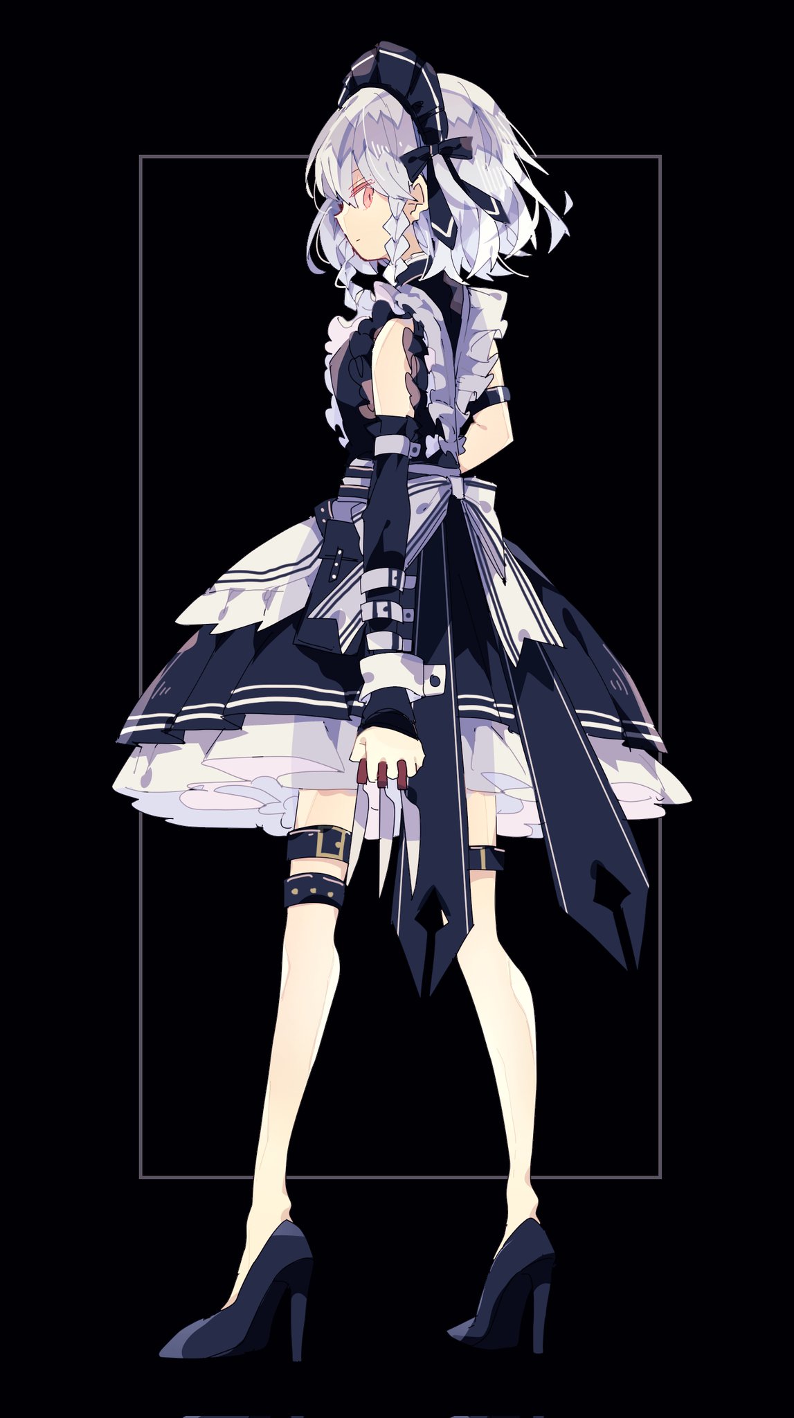 1girl alternate_color apron back_bow belt black_background black_bow black_dress black_footwear black_gloves black_hairband bow bow_hairband braid buckle commentary dress elbow_gloves fingerless_gloves from_side full_body gloves grey_hair hair_bow hairband high_heels highres holding holding_knife izayoi_sakuya knife looking_at_viewer maid_apron maid_headdress medium_hair nikorashi-ka petticoat profile red_eyes sideways_glance simple_background solo standing symbol-only_commentary touhou twin_braids white_bow