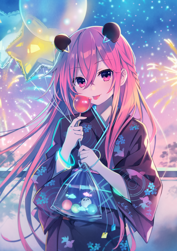 animal_ears backlighting candy fireworks food japanese_clothes kimono lollipop original panda_ears red_eyes redhead tsunako yukata