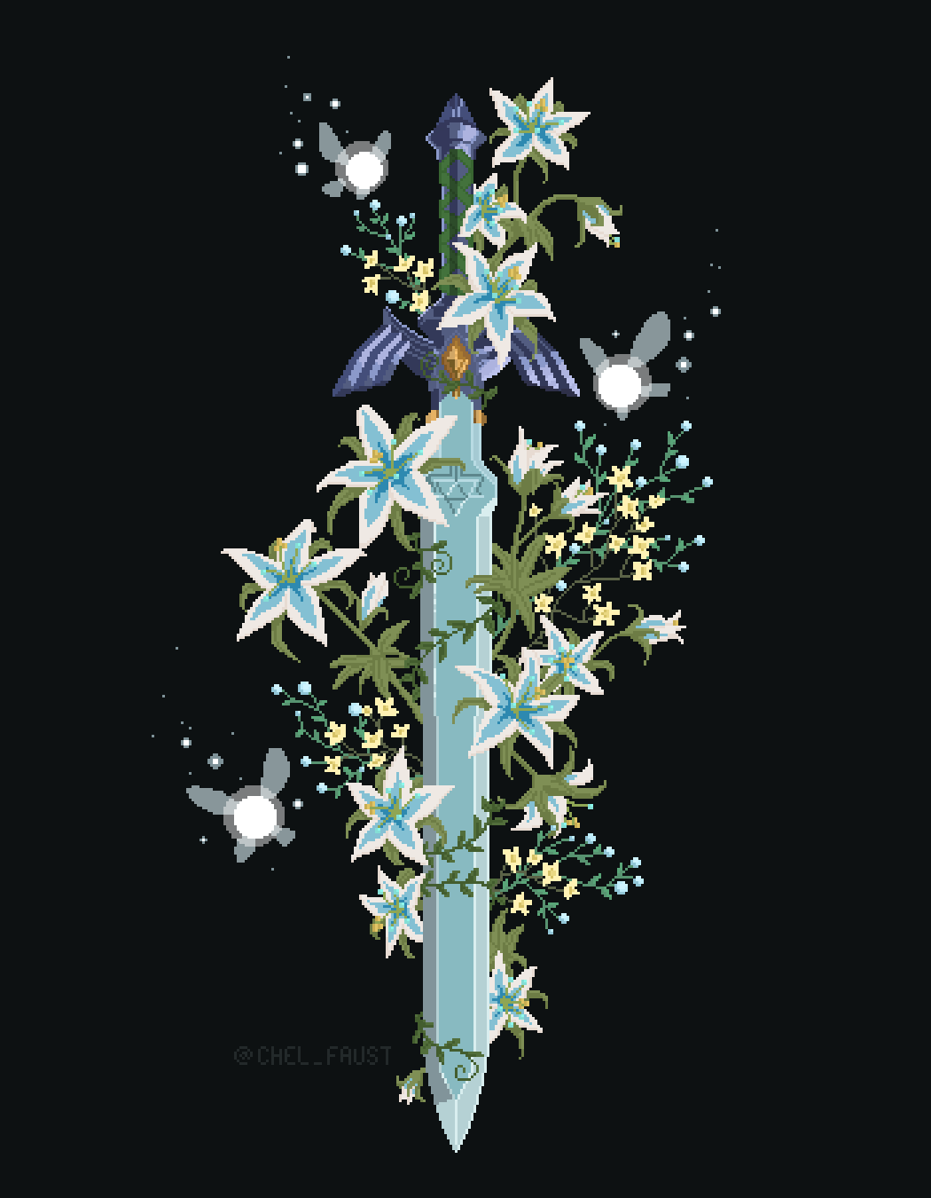 artist_name black_background blue_flower chel_faust english_commentary fairy flower highres master_sword no_humans pixel_art simple_background sword the_legend_of_zelda triforce weapon