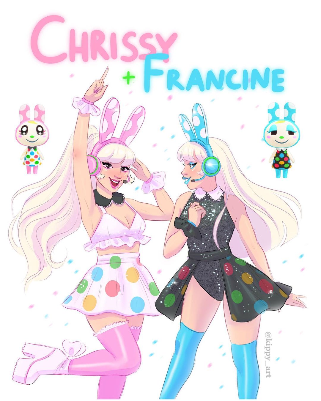 2girls :d animal_crossing animal_ears artist_request bare_shoulders blonde_hair blue_background blue_hair blush chrissy_(animal_crossing) dress francine_(animal_crossing) full_body heart highres humanization idol long_hair multicolored_polka_dots multiple_girls non-web_source open_mouth pantyhose personification pink_background pink_hair polar_opposites polka_dot polka_dot_dress rabbit_ears short_dress siblings sisters sleeveless sleeveless_dress smile source_request