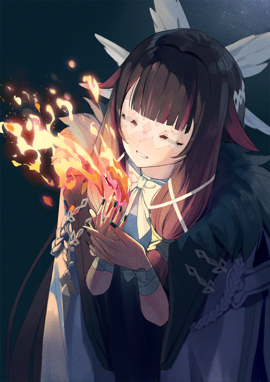 1girl bangs black_hair black_nails blunt_bangs bow closed_eyes coat coat_on_shoulders columbina_(genshin_impact) dark dutch_angle embers eye_mask film_grain fingernails fire fur-trimmed_coat fur_trim genshin_impact hair_flaps hair_ornament hair_wings head_wings highres hime_cut lempika light_particles multicolored_hair parted_lips pink_hair redhead smile solo streaked_hair teeth two-tone_hair upper_body white_bow white_coat white_mask x_hair_ornament