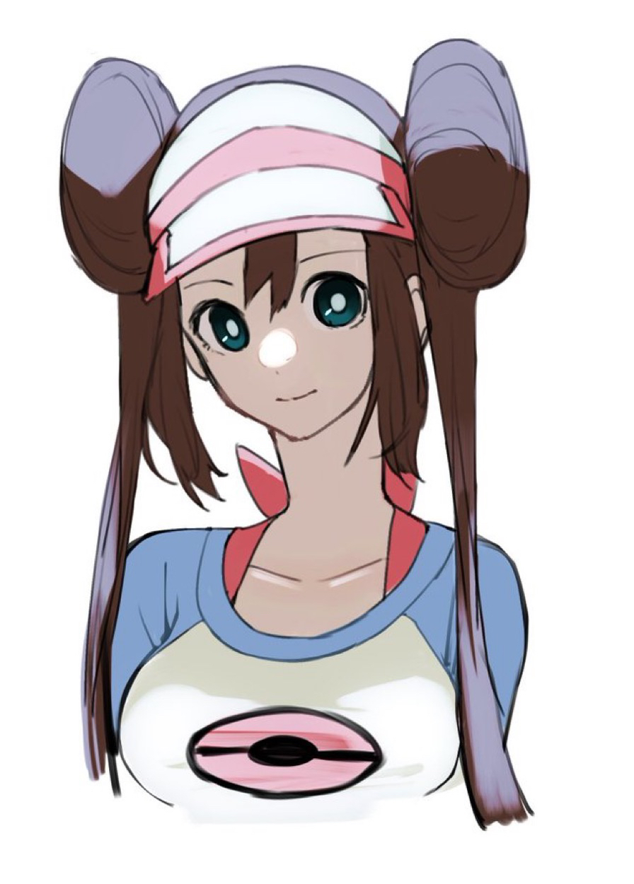 1girl aqua_eyes bangs blue_sleeves brown_hair closed_mouth collarbone cropped_torso double_bun hair_between_eyes hair_bun highres horezai long_hair looking_at_viewer poke_ball_print pokemon pokemon_(game) pokemon_bw2 print_shirt rosa_(pokemon) shirt simple_background smile solo twintails upper_body visor_cap white_background