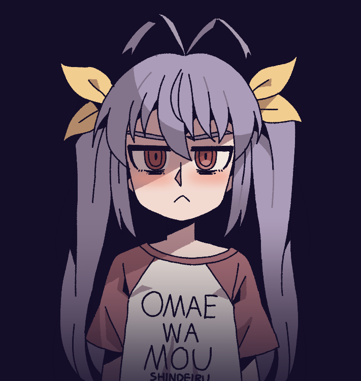 1girl :&lt; blush casual closed_mouth clothes_writing commentary_request expressionless hair_between_eyes hair_ribbon kare looking_at_viewer miyauchi_renge non_non_biyori purple_background purple_hair red_eyes ribbon shirt short_sleeves simple solo t-shirt translation_request twintails upper_body