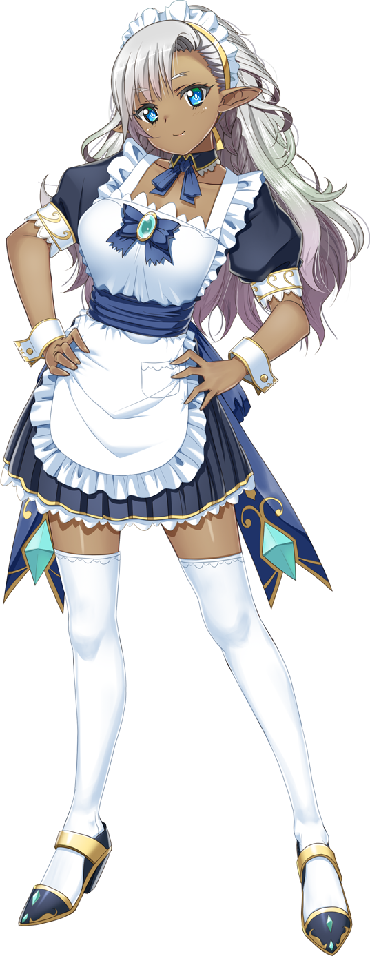 1girl apron artwhirl_mahou_gakuen_no_otome-tachi bangs black_shirt black_skirt blue_choker blue_eyes blue_necktie choker closed_mouth collarbone contrapposto dark-skinned_female dark_elf dark_skin dee_(artwhirl) elf frilled_apron frills full_body hair_between_eyes head_tilt high_ponytail highres kimura_kitaka long_hair maid miniskirt necktie pleated_skirt pointy_ears shiny shiny_hair shiny_skin shirt short_sleeves skirt smile solo standing thigh-highs transparent_background very_long_hair white_apron white_hair zettai_ryouiki