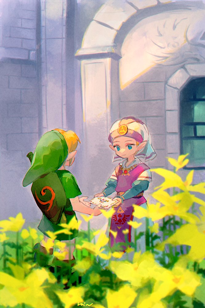 1boy 1girl blonde_hair blue_dress blue_eyes boots brick_wall courtyard dress flower green_headwear green_tunic hat link long_sleeves mob_cap multicolored_clothes multicolored_dress outstretched_hand pink_dress pointy_ears princess_zelda rain_rkgk shield short_sleeves standing sword the_legend_of_zelda the_legend_of_zelda:_ocarina_of_time weapon weapon_on_back yellow_flower