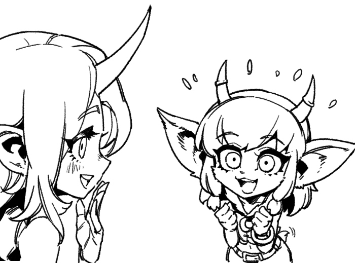 2girls :d alternate_ears alternate_form bangs blush character_request check_character clenched_hands flying_sweatdrops gloves grey_background hand_up hands_up happy horns league_of_legends lillia_(league_of_legends) long_hair looking_at_another multiple_girls navel open_mouth phantom_ix_row pointy_ears simple_background single_horn smile soraka_(league_of_legends) tail teeth upper_teeth yordle