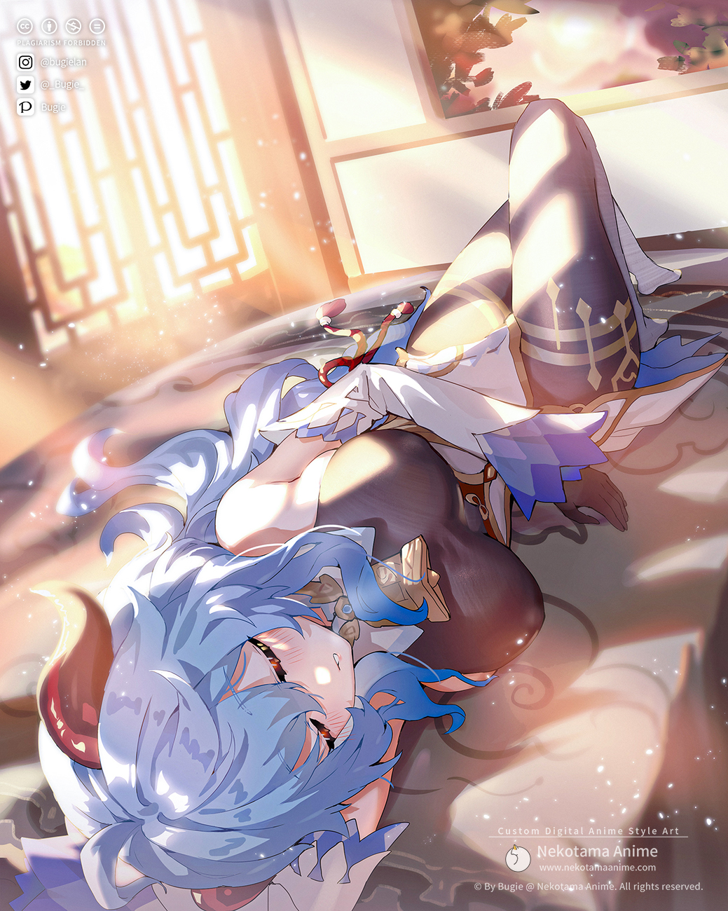 1girl architecture bare_shoulders bed blue_hair blush bodysuit breasts bugie closed_eyes detached_sleeves east_asian_architecture ganyu_(genshin_impact) genshin_impact gloves highres horns large_breasts lying shade sleeping social_network