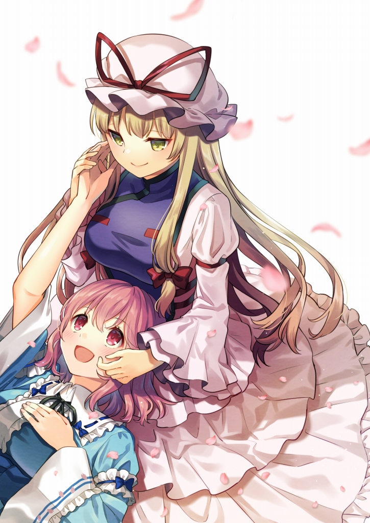 2girls arm_up bangs belt black_bow black_bowtie blonde_hair blue_belt blue_bow blue_dress blue_kimono blurry blush bow bowtie breasts collared_dress commentary_request dress fingernails frills hair_between_eyes hair_bow hand_on_another's_face hand_on_own_chest hands_up hat hat_bow japanese_clothes juliet_sleeves kapuchii kimono long_fingernails long_hair long_sleeves looking_at_another looking_down looking_up lying lying_on_person medium_breasts mob_cap multiple_girls nail_polish no_hat no_headwear on_back open_mouth petals pink_eyes pink_hair pink_nails puffy_sleeves red_bow saigyouji_yuyuko seiza short_hair simple_background sitting smile tabard touhou white_background white_dress white_headwear wide_sleeves yakumo_yukari yellow_eyes