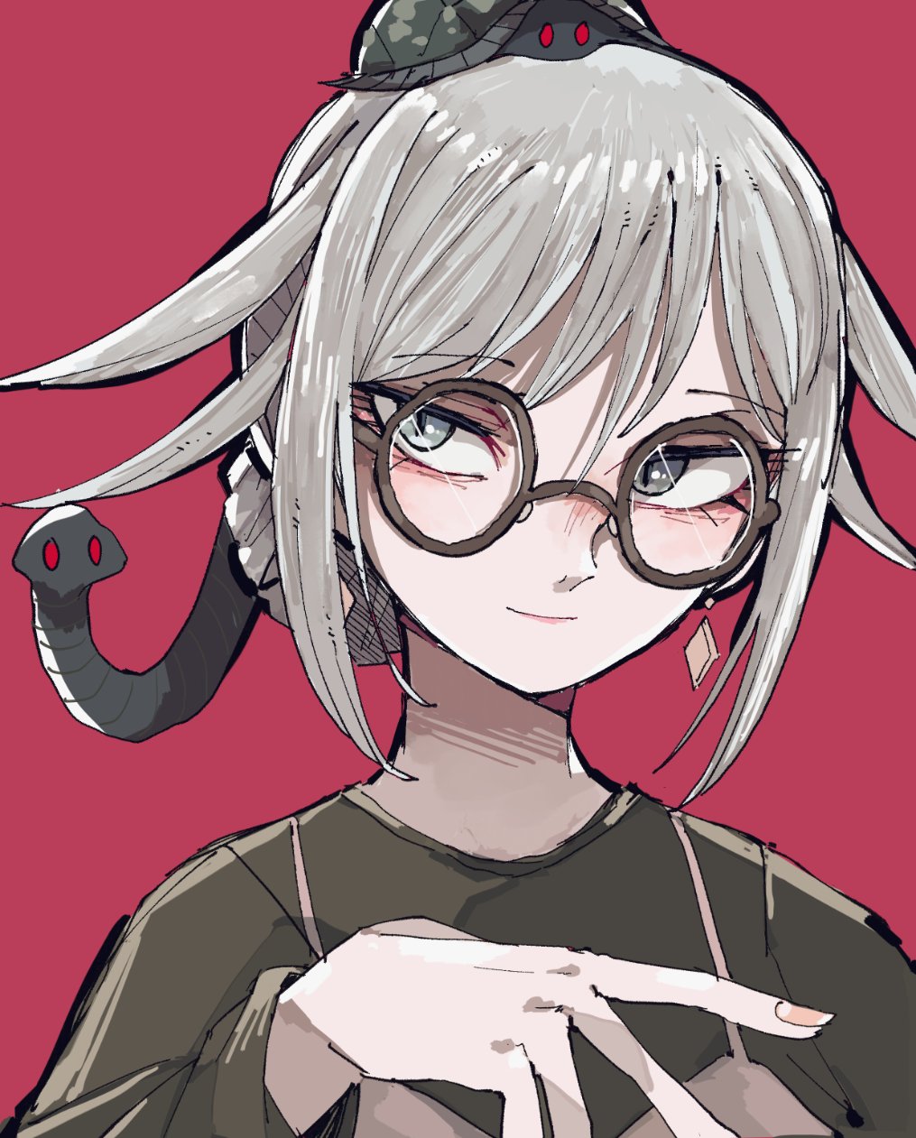 1girl animal_costume black_shirt closed_mouth earrings genbu_(kemono_friends) glasses grey_eyes grey_hair hair_bun hair_ornament highres jewelry kanmoku-san kemono_friends kemono_friends_3 long_hair looking_at_viewer shirt simple_background single_hair_bun smile snake solo turtle