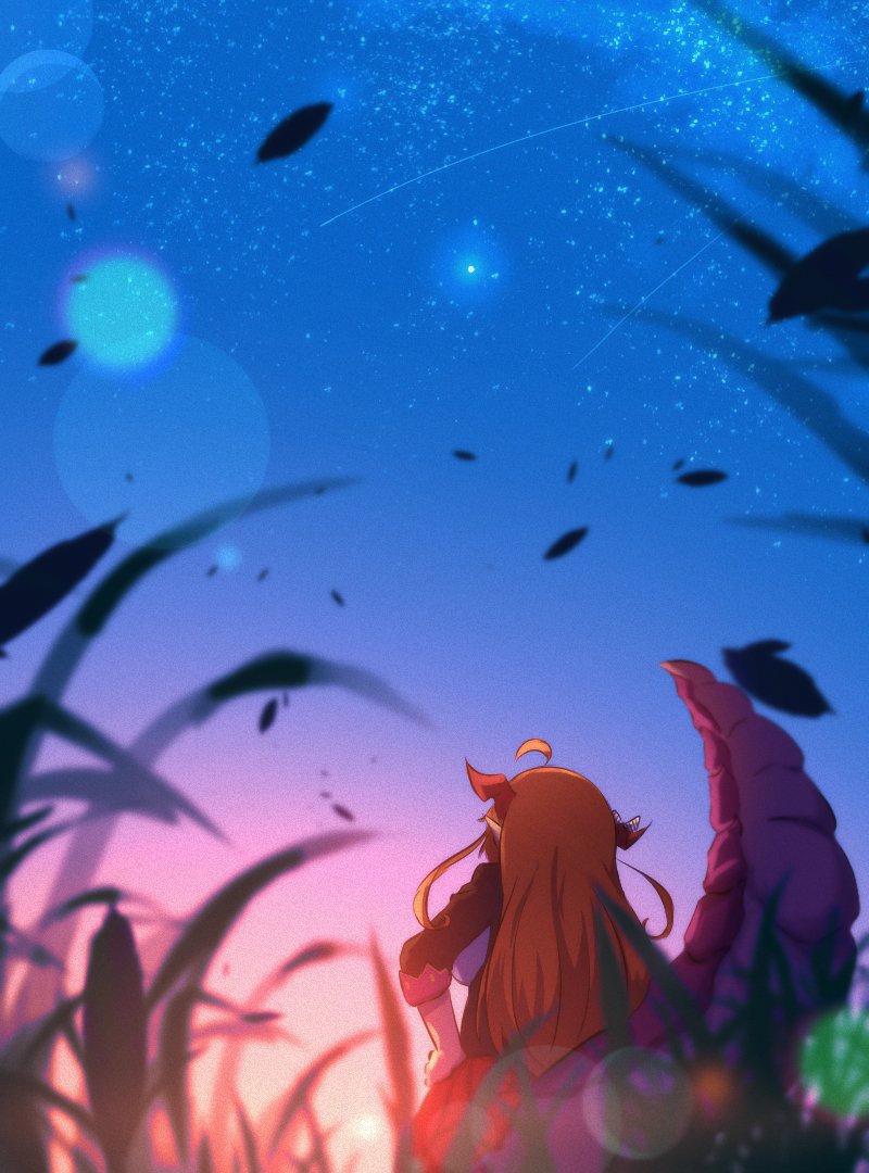 1girl ahoge blurry blurry_foreground commentary dragon_girl dragon_horns dragon_tail english_commentary falling_leaves from_behind from_below grass hands_on_hips hololive horns kiryu_coco leaf lens_flare long_hair long_sleeves orange_hair outdoors pointy_ears red_skirt shooting_star skirt sky solo star_(sky) starry_sky sun tail twilight virtual_youtuber yin_midnight