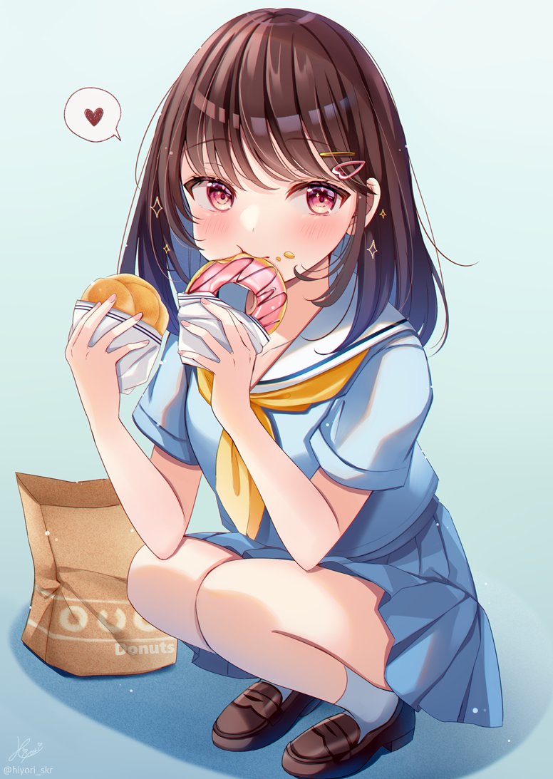 1girl bag bangs blue_background blue_shirt blue_skirt blush brown_footwear brown_hair doughnut eating food hair_ornament hairclip heart holding holding_food loafers medium_hair neckerchief original paper_bag pleated_skirt red_eyes sailor_collar sakura_hiyori school_uniform serafuku shirt shoes short_sleeves skirt socks solo speech_bubble squatting white_sailor_collar white_socks yellow_neckerchief