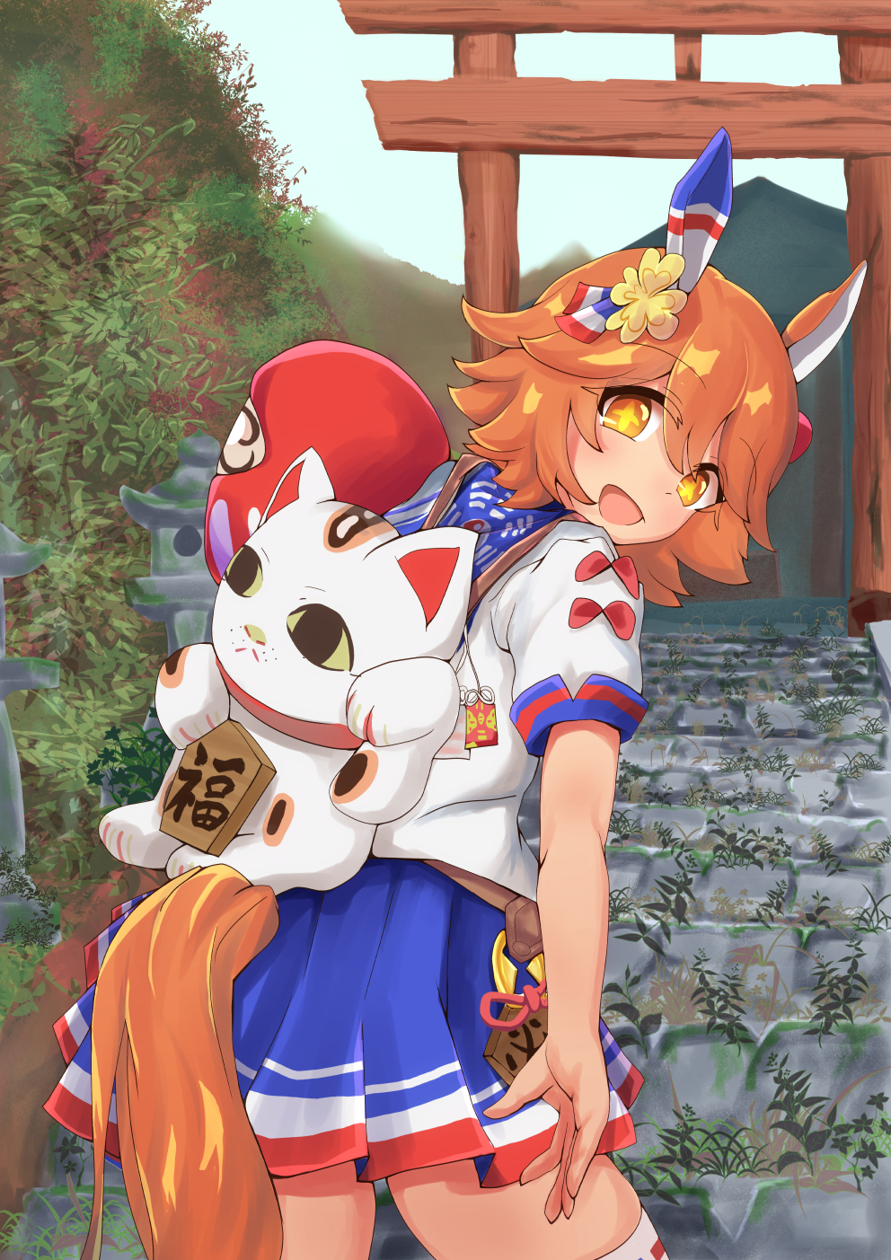 +_+ 1girl animal_ears autumn_leaves_(tail_fox) blue_skirt bush clover_hair_ornament cowboy_shot daruma_doll hair_ornament highres horse_ears horse_girl horse_tail looking_at_viewer looking_back maneki-neko matikanefukukitaru_(umamusume) open_mouth orange_hair outdoors reaching_out shirt short_hair short_sleeves skirt smile solo stairs stone_lantern tail thigh-highs torii umamusume white_shirt yellow_eyes