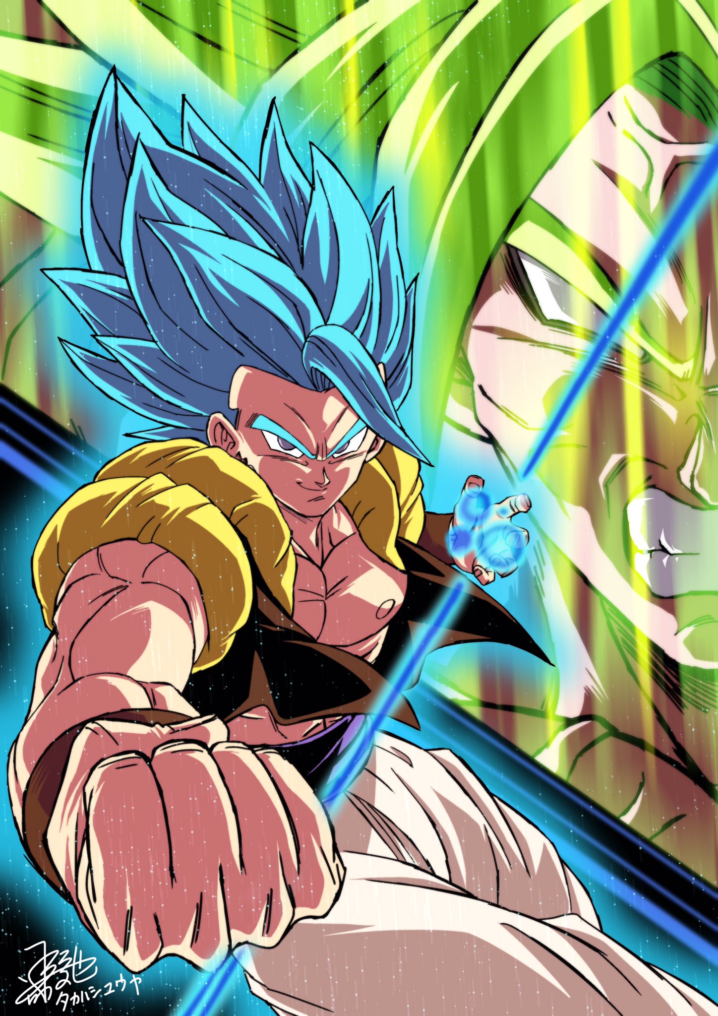 2boys aura baggy_pants black_vest black_wristband blue_eyes blue_hair broly_(dragon_ball_super) clenched_hand clenched_teeth commentary_request dragon_ball dragon_ball_super dragon_ball_super_broly energy_ball energy_orb glowing glowing_hand gogeta green_hair highres legendary_super_saiyan male_focus metamoran_vest multiple_boys muscular muscular_male pants pectorals purple_sash sash signature solo spiky_hair super_saiyan super_saiyan_blue takahashi_yuuya teeth translation_request v-shaped_eyebrows veins vest white_pants wristband