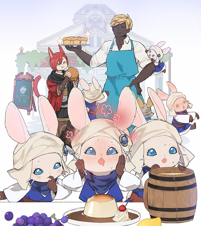 &gt;_&lt; 2boys 6+others :t @_@ ^_^ alcohol ambiguous_gender animal_ears apron bangs barista beer black_scarf blonde_hair blue_apron blue_dress blue_eyes blue_gemstone blue_scarf blue_sclera blush boots brown_footwear brown_gloves building burger cat_boy cat_ears cat_tail chalkboard_sign closed_eyes collared_shirt colored_sclera commentary_request dark-skinned_male dark_skin dress drooling eating employee_uniform final_fantasy final_fantasy_xiv finger_in_own_mouth flower_(symbol) food fruit full-face_blush furry g'raha_tia gem gg_dal gloves grapes hand_on_hip hands_on_own_cheeks hands_on_own_face holding holding_food holding_spoon holding_tray hyur korean_commentary long_sleeves looking_at_food loporrit miqo'te muffin multiple_boys multiple_others on_shoulder open_mouth outdoors outstretched_arms plate pudding puddingway rabbit_ears rabbit_tail redhead scarf shirt short_hair smile sparkle spoon standing sweat swept_bangs tail tail_raised tankard tray turban uniform whiskers white_background white_shirt yellow_headwear zombie_pose