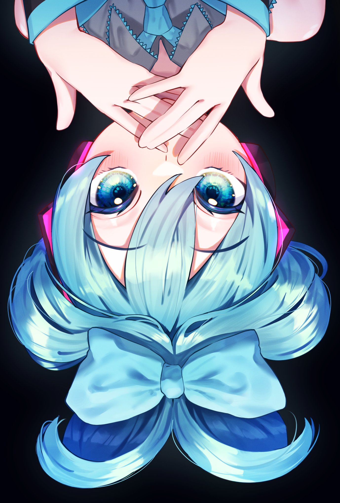 1girl bangs bare_shoulders black_background blue_bow bow cinnamiku collared_shirt covered_mouth covering_mouth detached_sleeves glowing grey_shirt hair_bow hands_over_own_mouth hands_up hatsune_miku headphones highres hinatori_(1710r0504) necktie own_hands_together portrait shirt simple_background solo updo upside-down vocaloid