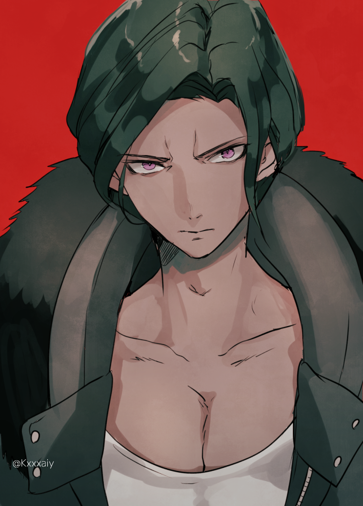 1boy artist_name bangs black_jacket collarbone danganronpa_(series) danganronpa_3_(anime) fur_trim grey_shirt jacket looking_at_viewer pink_eyes red_background sakakura_juuzou sakuyu shirt short_hair simple_background solo upper_body