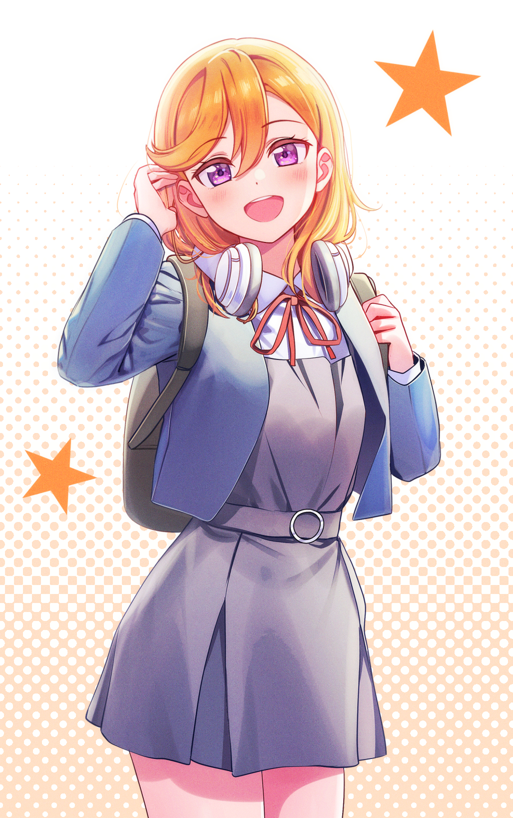 1girl bangs blue_jacket cowboy_shot deadnooodles dress grey_dress hair_between_eyes hand_up headphones headphones_around_neck highres jacket long_sleeves looking_at_viewer love_live! love_live!_superstar!! medium_hair neck_ribbon open_clothes open_jacket open_mouth orange_hair red_ribbon ribbon school_uniform shibuya_kanon shirt short_dress solo star_(symbol) violet_eyes white_shirt yuigaoka_school_uniform