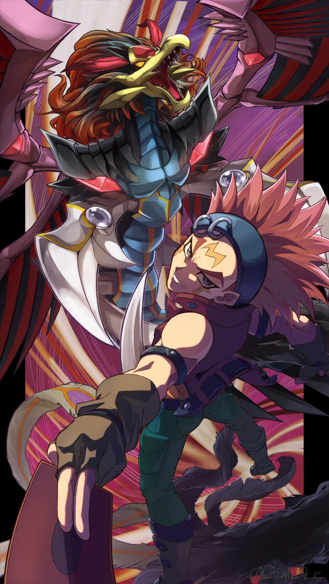 1boy beak black-winged_assault_dragon black_feathers boots brown_gloves brown_jacket card commentary crow_hogan dragon duel_monster facial_mark feathered_wings feathers fingerless_gloves gloves grey_eyes headband highres holding holding_card jacket looking_back open_mouth orange_eyes orange_hair red_feathers sharp_teeth sleeveless sleeveless_jacket smile spiky_hair teeth twitter_username wings yu-gi-oh! yu-gi-oh!_5d's zexalura53