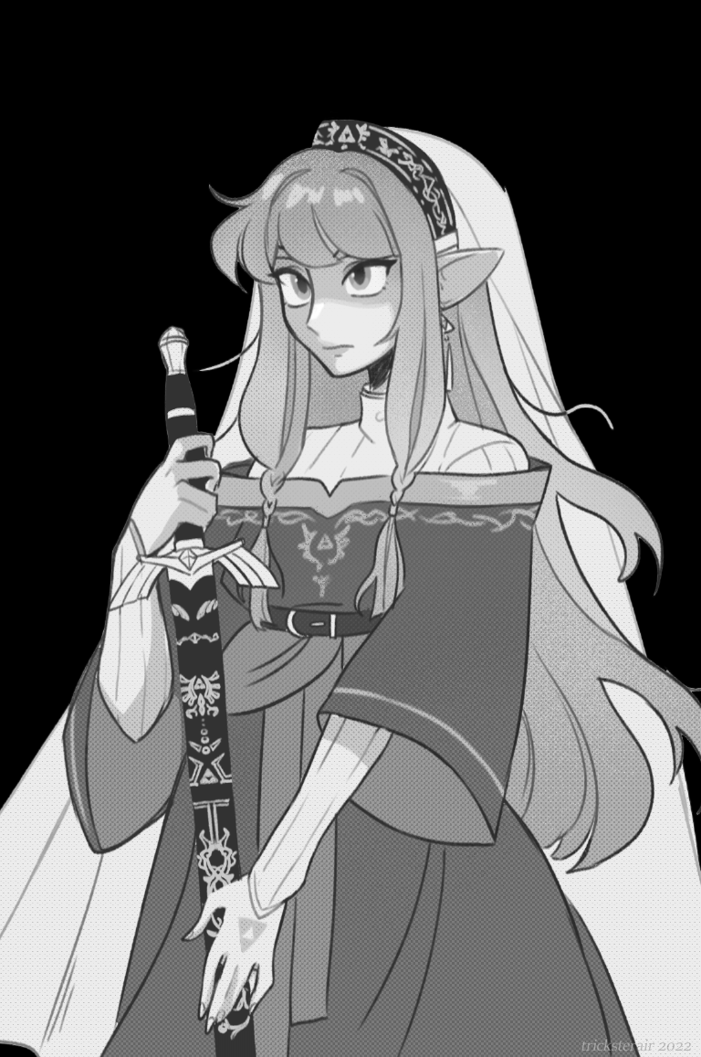 1girl alternate_costume bangs commentary dress earrings english_commentary erin_(honey_glows) jewelry long_hair monochrome princess_zelda sheath sheathed sidelocks solo standing sword the_legend_of_zelda triforce vial weapon