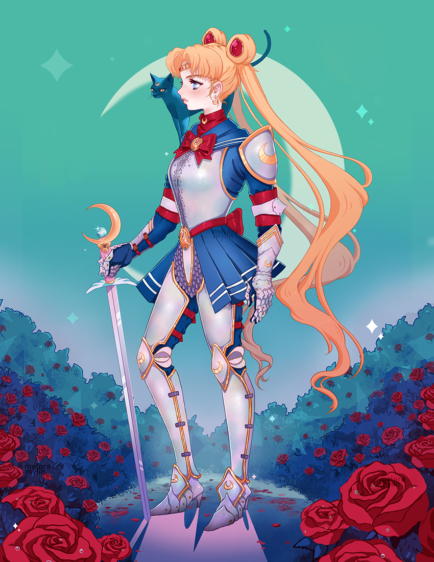 1girl adapted_costume alternate_costume armor armored_boots armored_dress bishoujo_senshi_sailor_moon blonde_hair blue_eyes boots breastplate crescent crescent_earrings crescent_moon double_bun earrings english_commentary field flower flower_field from_side gauntlets hair_bun high_heel_boots high_heels jewelry leg_armor long_hair luna_(sailor_moon) meloramylin moon planted planted_sword pleated_skirt red_flower red_ribbon red_rose ribbon rose sailor_moon shin_guards shoulder_armor skirt solo solo_focus sword tiara tsuki_ni_kawatte_oshioki_yo tsukino_usagi twintails weapon