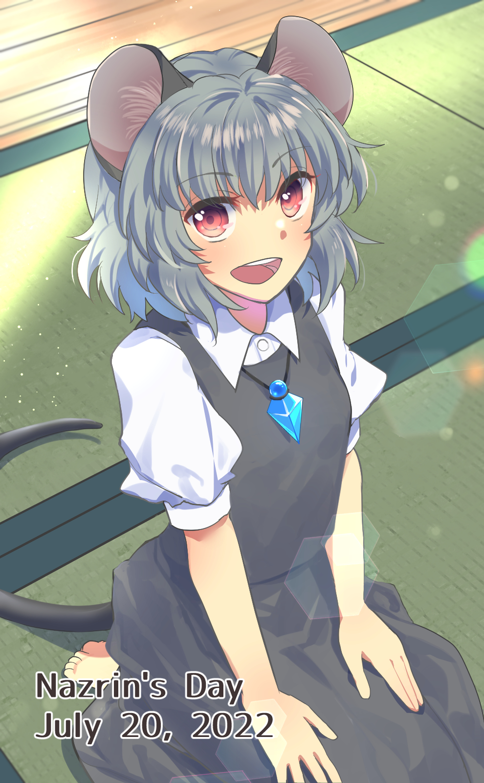 1girl :d animal_ear_fluff animal_ears bangs barefoot blush breasts collared_shirt commentary_request crystal dated full_body grey_hair grey_skirt grey_vest hands_on_lap highres jewelry lens_flare looking_at_viewer mouse_ears mouse_girl mouse_tail nayozane_(worker7) nazrin open_mouth pendant red_eyes round_teeth seiza shirt short_hair short_sleeves sitting skirt skirt_set small_breasts smile solo tail tatami teeth touhou vest white_shirt