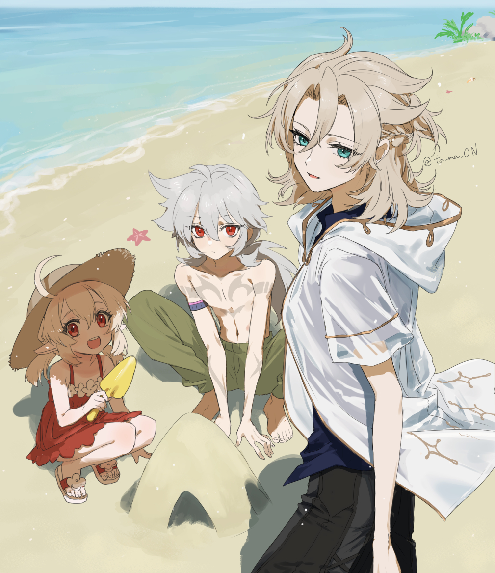 1girl 2boys albedo_(genshin_impact) aqua_eyes bangs barefoot beach blonde_hair blue_shirt blush body_markings closed_mouth day genshin_impact green_pants grey_hair hair_between_eyes hat holding hood hooded_jacket jacket klee_(genshin_impact) long_hair looking_at_viewer low_twintails multiple_boys ocean one-piece_swimsuit open_mouth outdoors pants parted_lips pointy_ears razor_(genshin_impact) red_eyes red_swimsuit sand sand_castle sand_sculpture sandals scar scar_on_arm scar_on_face shirt short_sleeves squatting swimsuit ta_ma_on topless_male twintails twitter_username water white_jacket