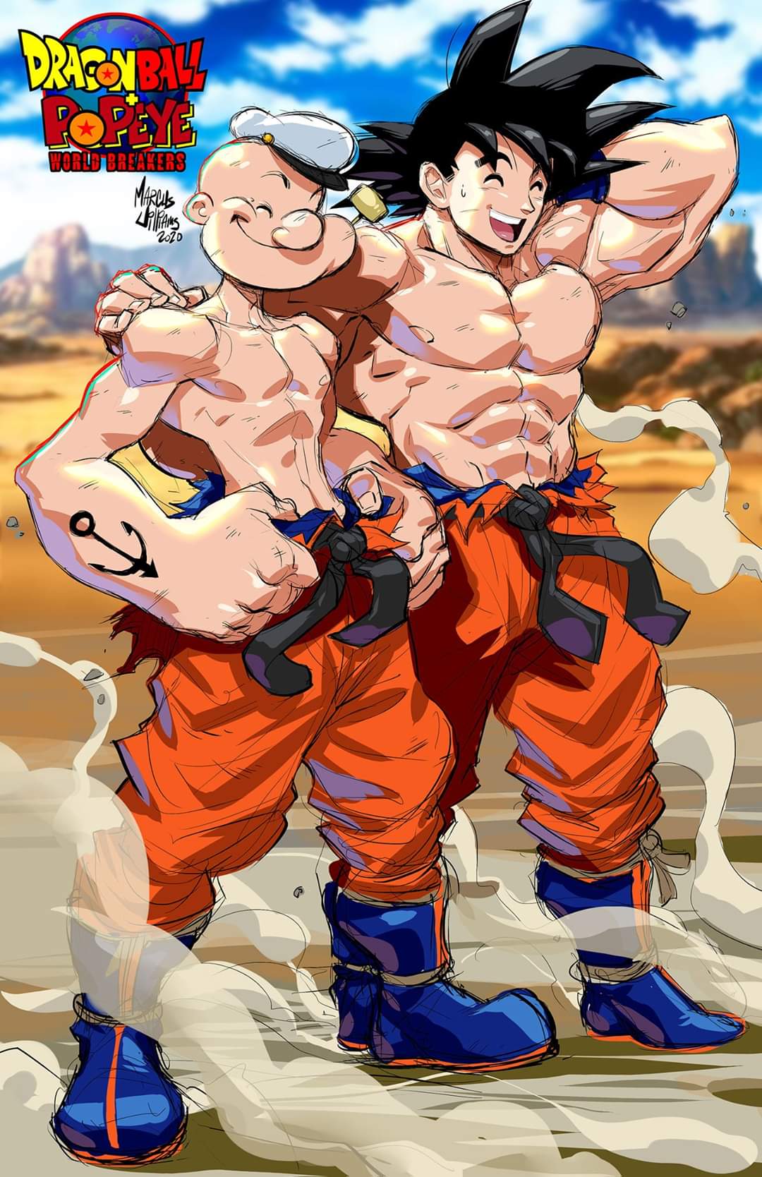 2020 2boys :d abs anchor_tattoo arm_behind_head arm_tattoo artist_name bald bangs belt black_belt black_hair blue_footwear blue_wristband boots closed_eyes collarbone commentary copyright_name crossover dragon_ball dust dust_cloud english_commentary full_body hand_on_another's_shoulder hands_on_own_legs hat highres jpeg_artifacts male_focus marcus_williams multiple_boys muscular muscular_male open_mouth orange_pants pants pectorals pipe_in_mouth popeye popeye_the_sailor sailor_hat signature smile smoking_pipe son_goku spiky_hair standing sweatdrop tattoo topless_male wasteland wristband