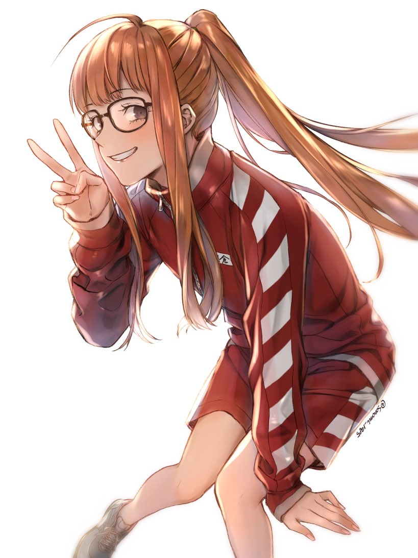 1girl ahoge bangs black_eyes commentary_request grin gym_uniform jacket long_hair long_sleeves looking_at_viewer orange_hair persona persona_5 red_jacket red_shorts sakura_futaba shoes shorts sidelocks simple_background smile sneakers solo sonomi track_jacket v very_long_hair white_background zipper zipper_pull_tab