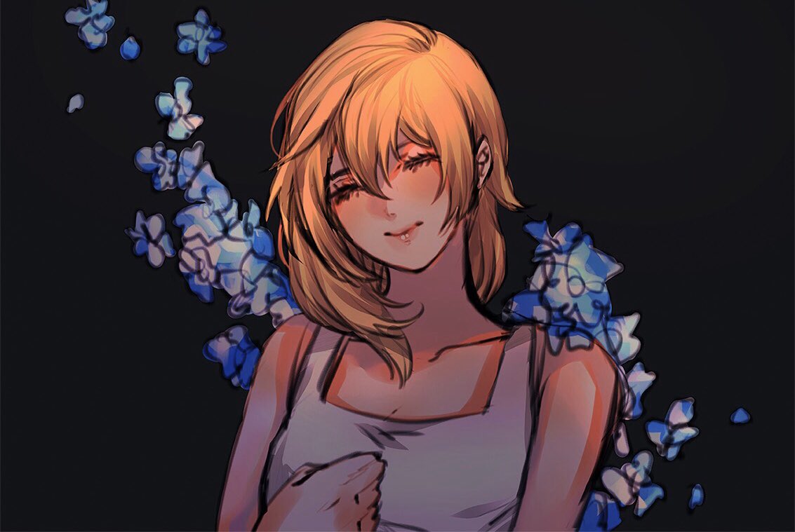 1girl bare_arms black_background blonde_hair blue_flower breasts closed_eyes dress facing_viewer floral_background flower hair_between_eyes hair_over_shoulder hand_on_own_chest kingdom_hearts kingdom_hearts_ii medium_breasts medium_hair namine sera_(serappi) sleeveless sleeveless_dress smile solo upper_body white_dress