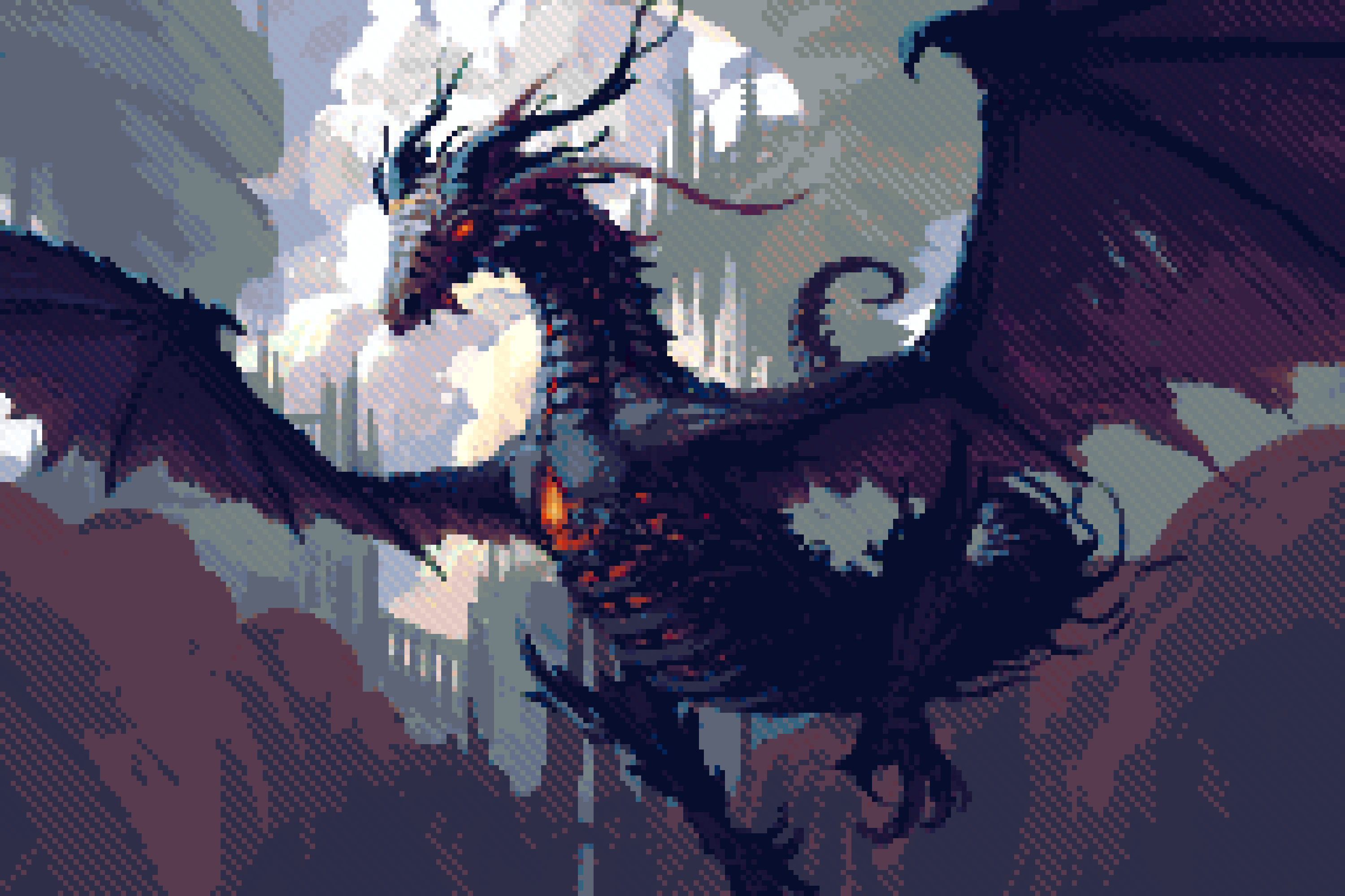 black_dragon_kalameet black_skin clouds colored_skin dark_souls_(series) dark_souls_i dragon flying glowing glowing_eyes highres horns no_humans outdoors philipp_urlich pixel_art red_eyes solo wings